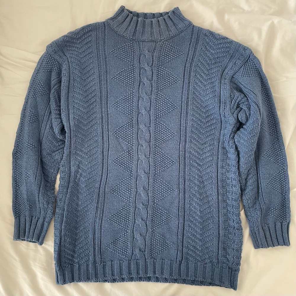 Blue Cable Knit Mock Neck Sweater